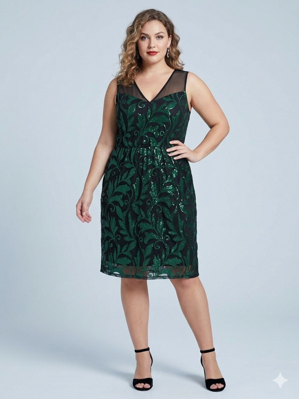 Lane Bryant Green Sequin Mesh Fit & Flare Cocktail Dress Plus Size 16